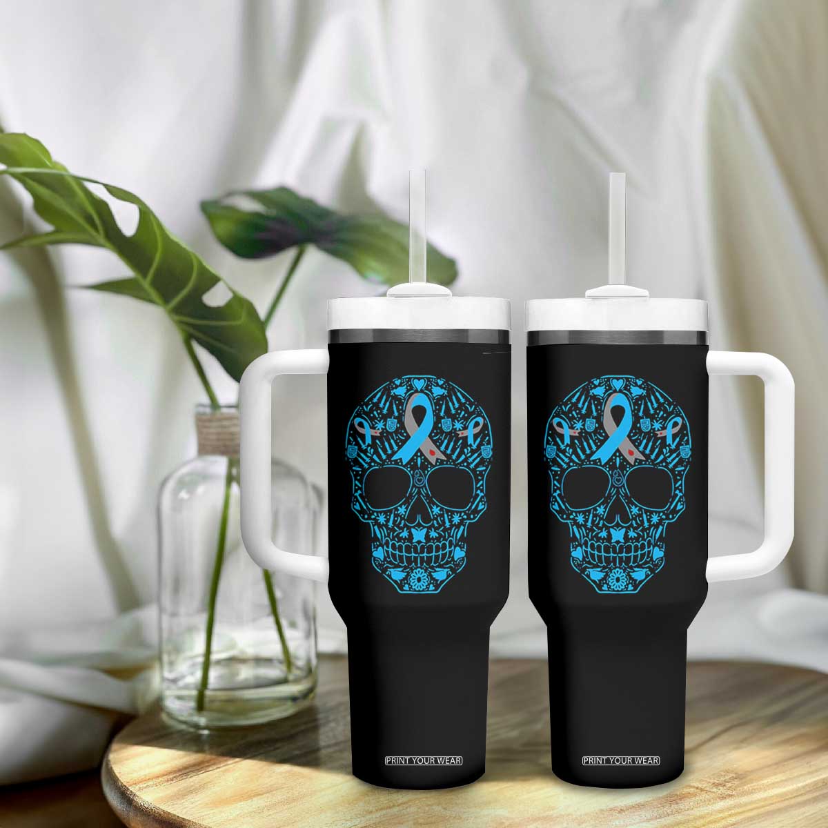 Diabetes Awareness Skull Tumbler With Handle Blue Ribbon T1D Support Sugar Skull TS10 Print Your Wear