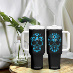 Diabetes Awareness Skull Tumbler With Handle Blue Ribbon T1D Support Sugar Skull TS10 Print Your Wear