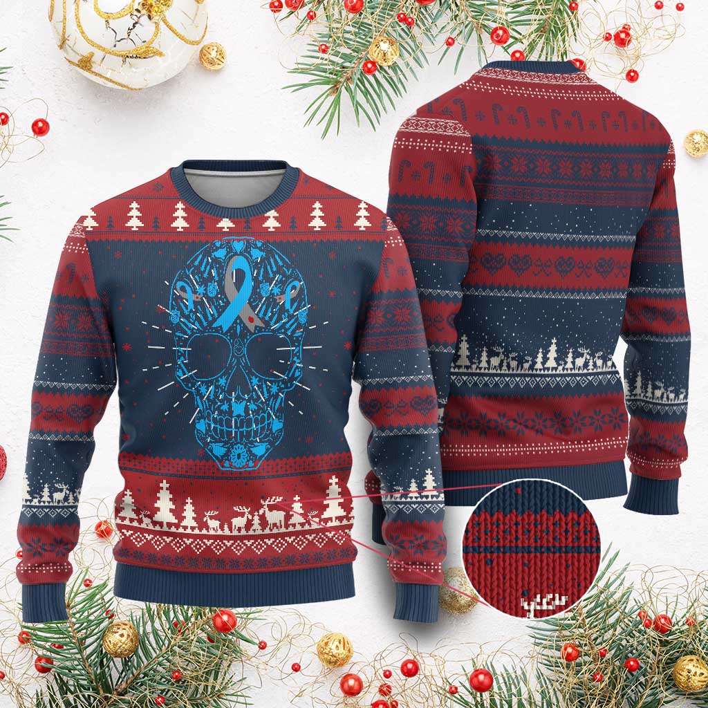 Diabetes Awareness Skull Knit Sweatshirt Blue Ribbon T1D Support Sugar Skull TS10 Burgundy Print Your Wear