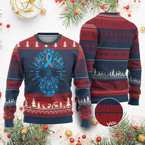 Diabetes Awareness Skull Knit Sweatshirt Blue Ribbon T1D Support Sugar Skull TS10 Burgundy Print Your Wear