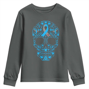 Diabetes Awareness Skull Youth Sweatshirt Blue Ribbon T1D Support Sugar Skull TS10 Dark Heather Print Your Wear