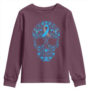 Diabetes Awareness Skull Youth Sweatshirt Blue Ribbon T1D Support Sugar Skull TS10 Maroon Print Your Wear
