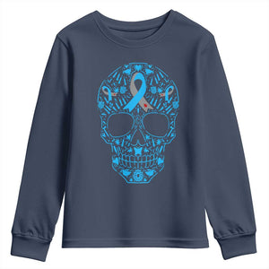 Diabetes Awareness Skull Youth Sweatshirt Blue Ribbon T1D Support Sugar Skull TS10 Navy Print Your Wear