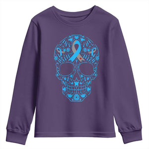 Diabetes Awareness Skull Youth Sweatshirt Blue Ribbon T1D Support Sugar Skull TS10 Purple Print Your Wear