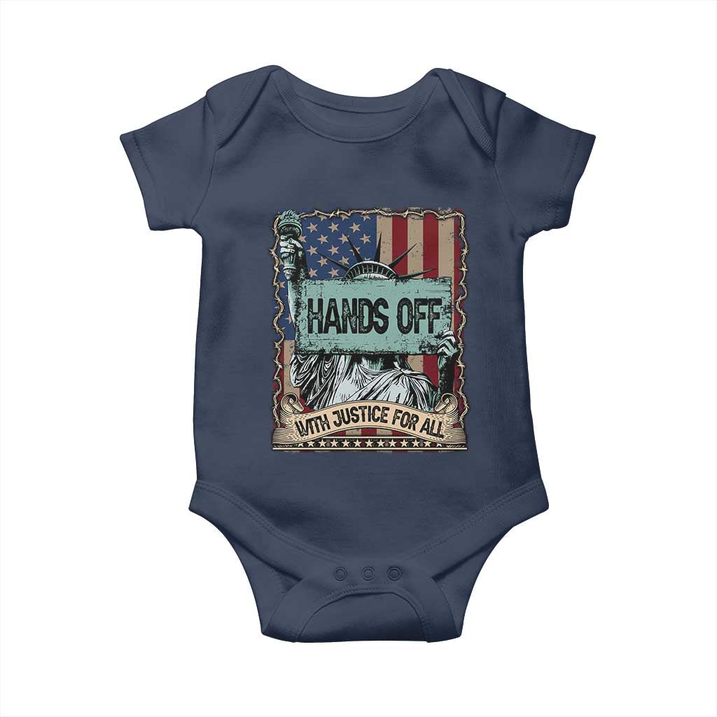Funny Hands Off With Justice For All Baby Onesie Statue Of Liberty American Flag TS11 Navy Print Your Wear