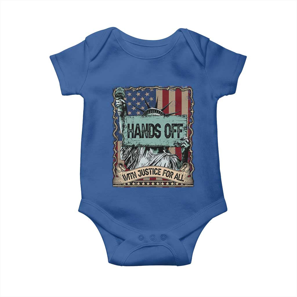 Funny Hands Off With Justice For All Baby Onesie Statue Of Liberty American Flag TS11 Royal Blue Print Your Wear