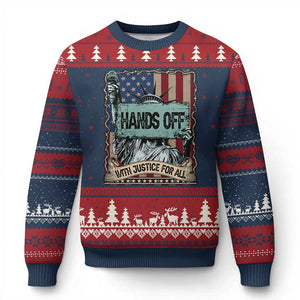 Funny Hands Off With Justice For All Ugly Christmas Sweater Statue Of Liberty American Flag TS11 Navy Red Print Your Wear