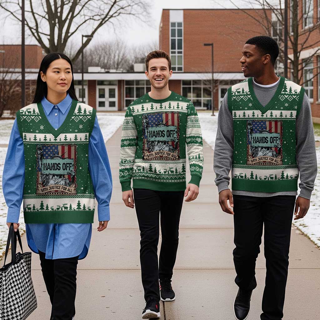 Funny Hands Off With Justice For All V-Neck Knit Sweater Vest Statue Of Liberty American Flag TS11 Forest Green Beige Print Your Wear