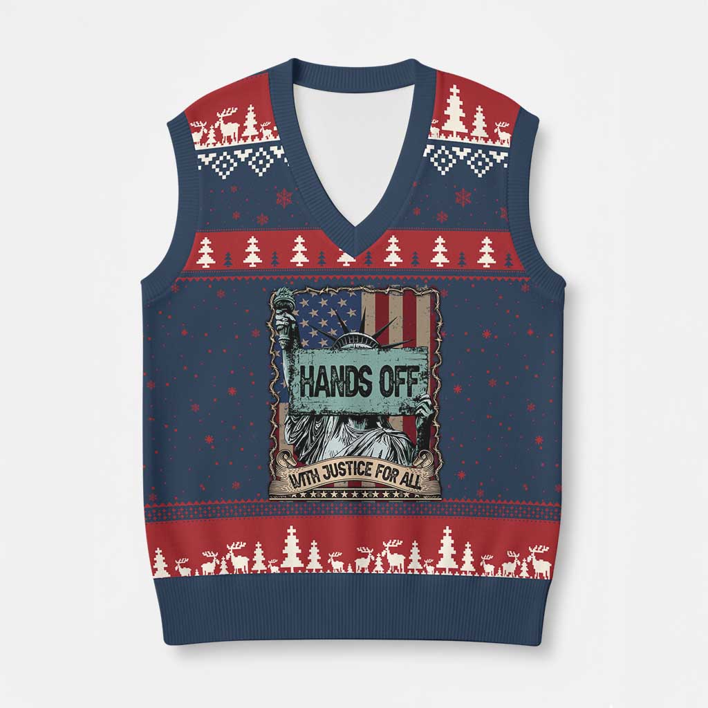 Funny Hands Off With Justice For All V-Neck Knit Sweater Vest Statue Of Liberty American Flag TS11 Navy Red Print Your Wear