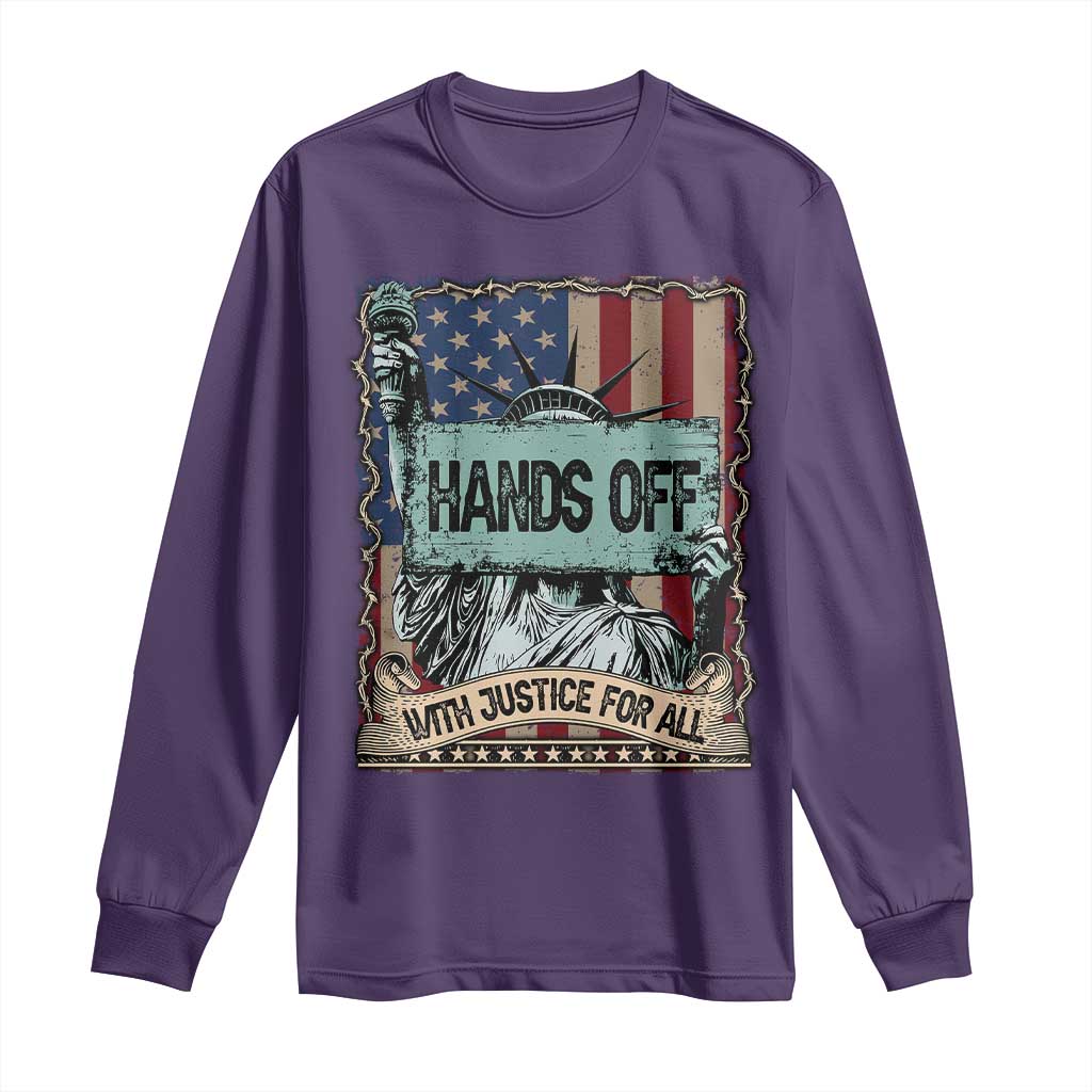 Funny Hands Off With Justice For All Long Sleeve Shirt Statue Of Liberty American Flag TS11 Purple Print Your Wear