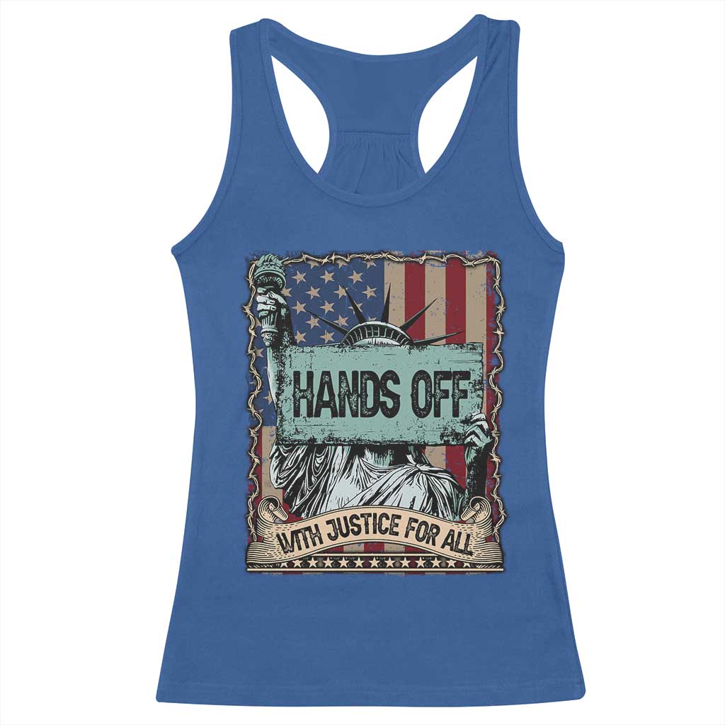 Funny Hands Off With Justice For All Racerback Tank Top Statue Of Liberty American Flag TS11 Royal Blue Print Your Wear