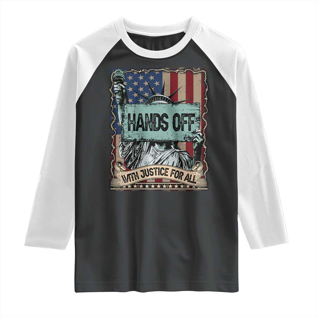 Funny Hands Off With Justice For All Raglan Shirt Statue Of Liberty American Flag TS11 Black White Print Your Wear