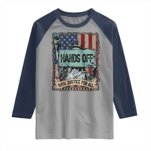 Funny Hands Off With Justice For All Raglan Shirt Statue Of Liberty American Flag TS11 Sport Gray Navy Print Your Wear