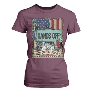 Funny Hands Off With Justice For All T Shirt For Women Statue Of Liberty American Flag TS11 Maroon Print Your Wear