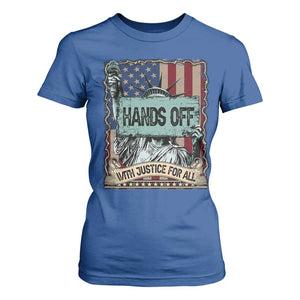 Funny Hands Off With Justice For All T Shirt For Women Statue Of Liberty American Flag TS11 Royal Blue Print Your Wear