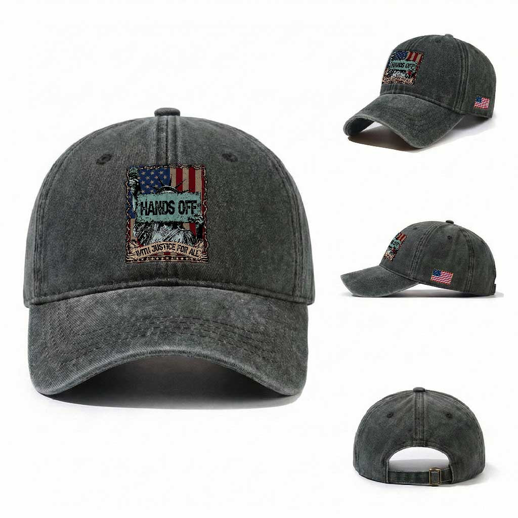 Funny Hands Off With Justice For All Washed Cotton Baseball Cap Statue Of Liberty American Flag TS11 Washed Cap Universal Fit Dark Green Print Your Wear