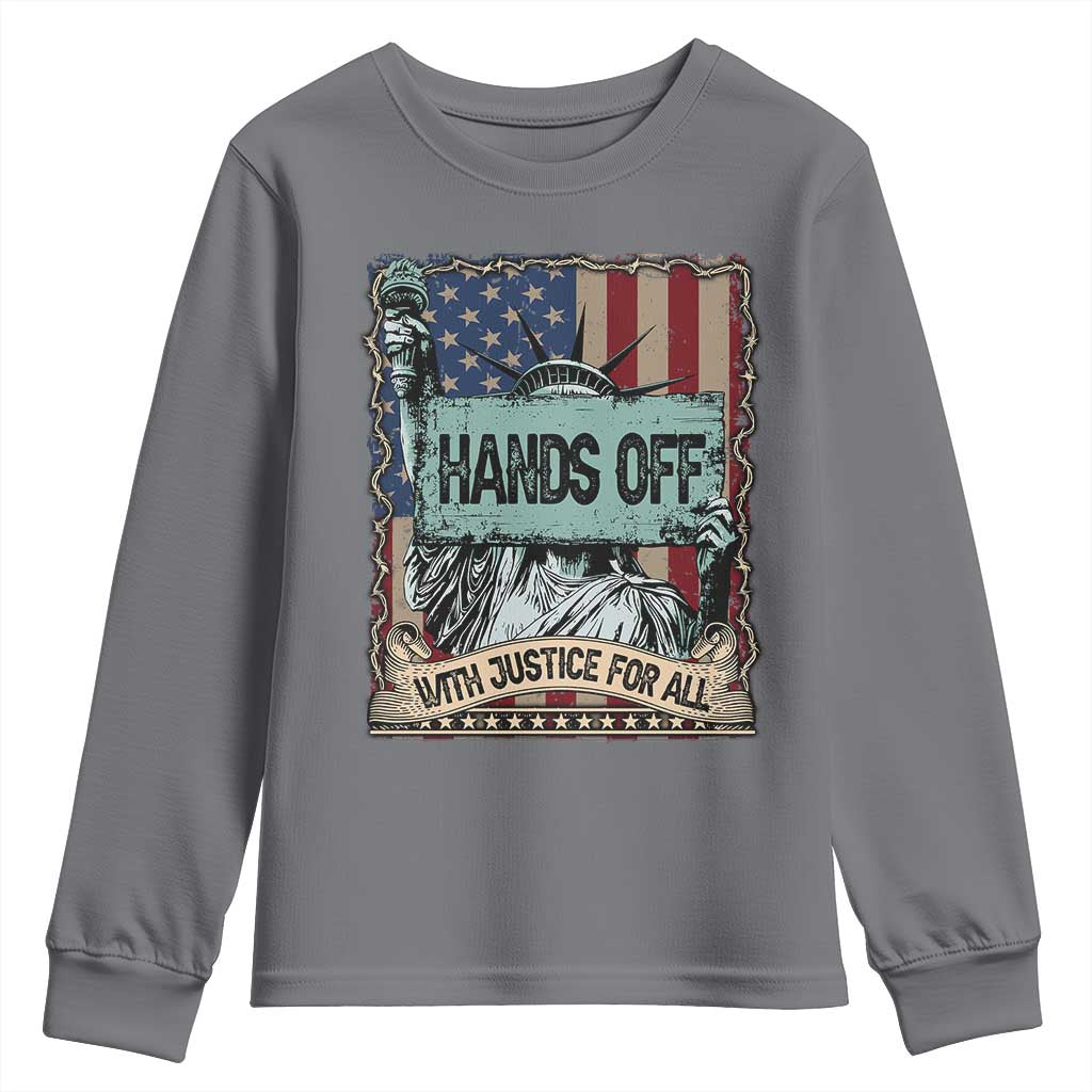 Funny Hands Off With Justice For All Youth Sweatshirt Statue Of Liberty American Flag TS11 Charcoal Print Your Wear