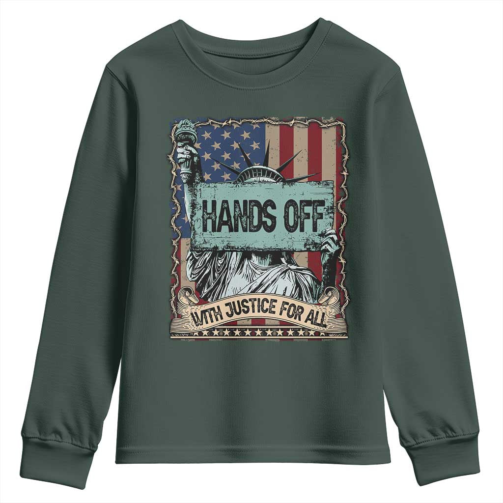 Funny Hands Off With Justice For All Youth Sweatshirt Statue Of Liberty American Flag TS11 Dark Forest Green Print Your Wear