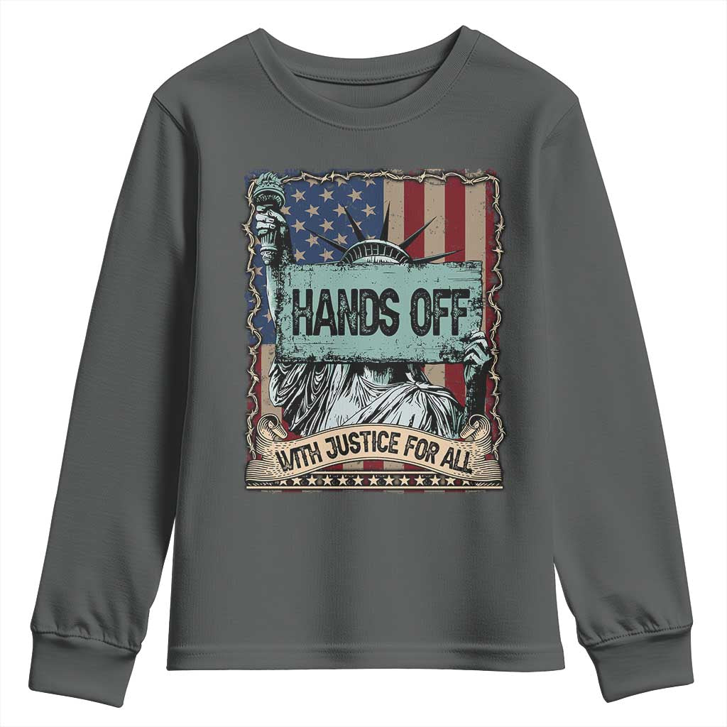 Funny Hands Off With Justice For All Youth Sweatshirt Statue Of Liberty American Flag TS11 Dark Heather Print Your Wear