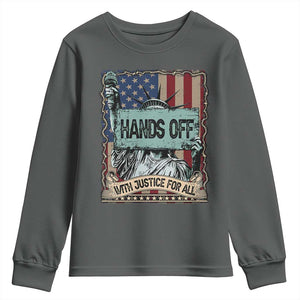 Funny Hands Off With Justice For All Youth Sweatshirt Statue Of Liberty American Flag TS11 Dark Heather Print Your Wear