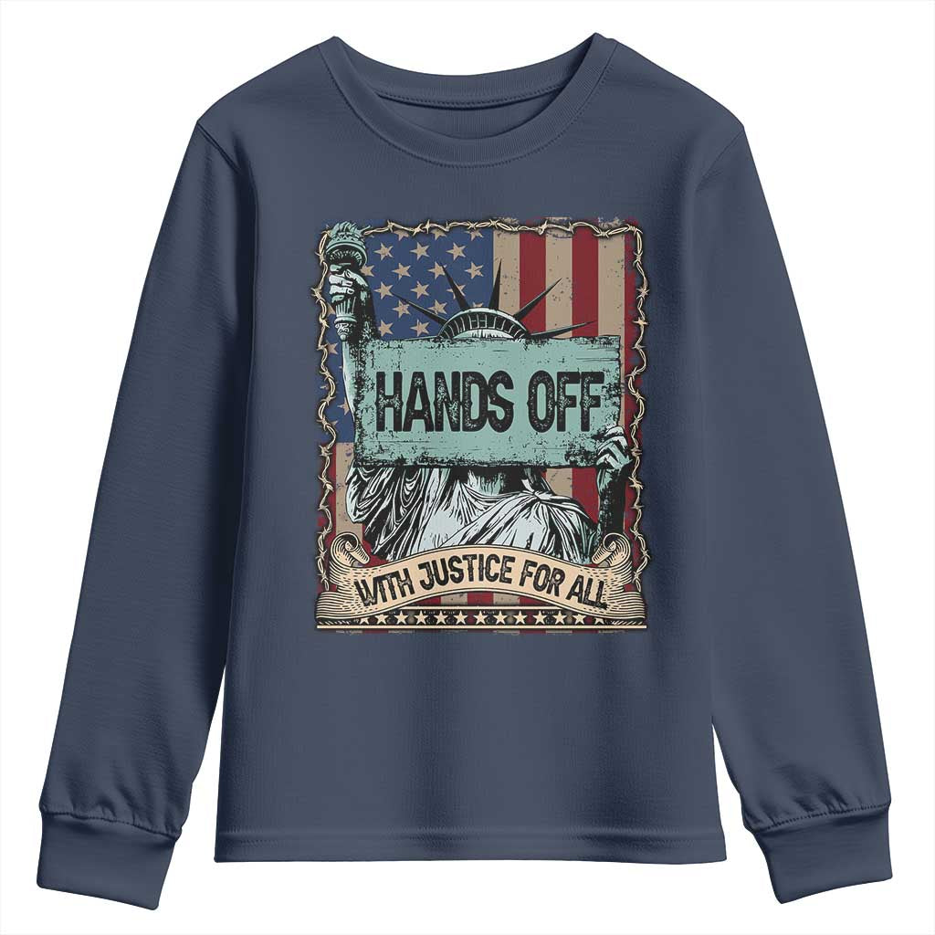 Funny Hands Off With Justice For All Youth Sweatshirt Statue Of Liberty American Flag TS11 Navy Print Your Wear