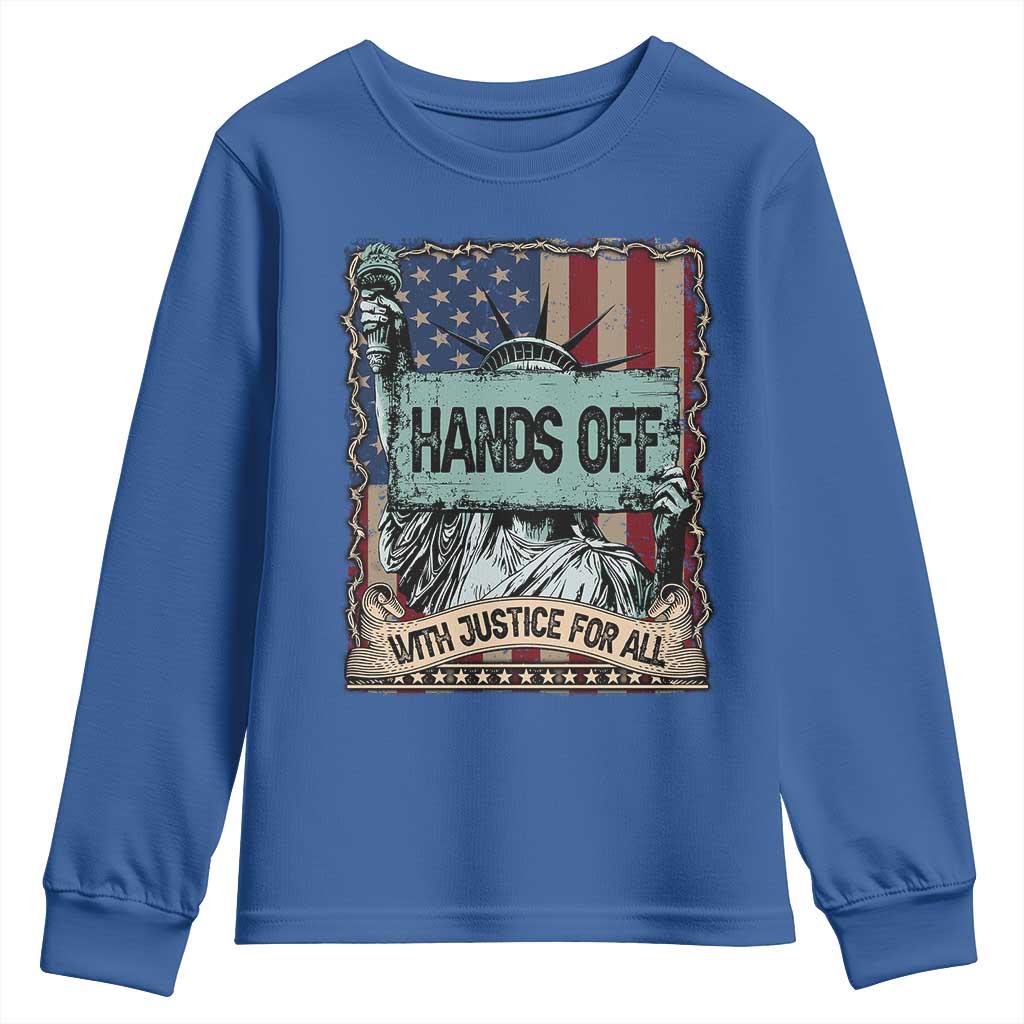 Funny Hands Off With Justice For All Youth Sweatshirt Statue Of Liberty American Flag TS11 Royal Blue Print Your Wear