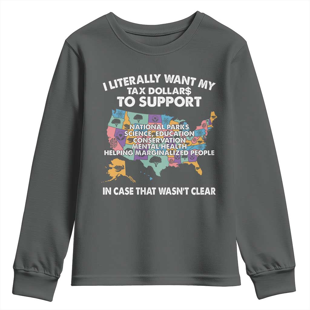 I Literally Want My Tax Dollars To Support National Parks Youth Sweatshirt In Case That Wasn't Clear Vintage American Map TS11 Dark Heather Print Your Wear