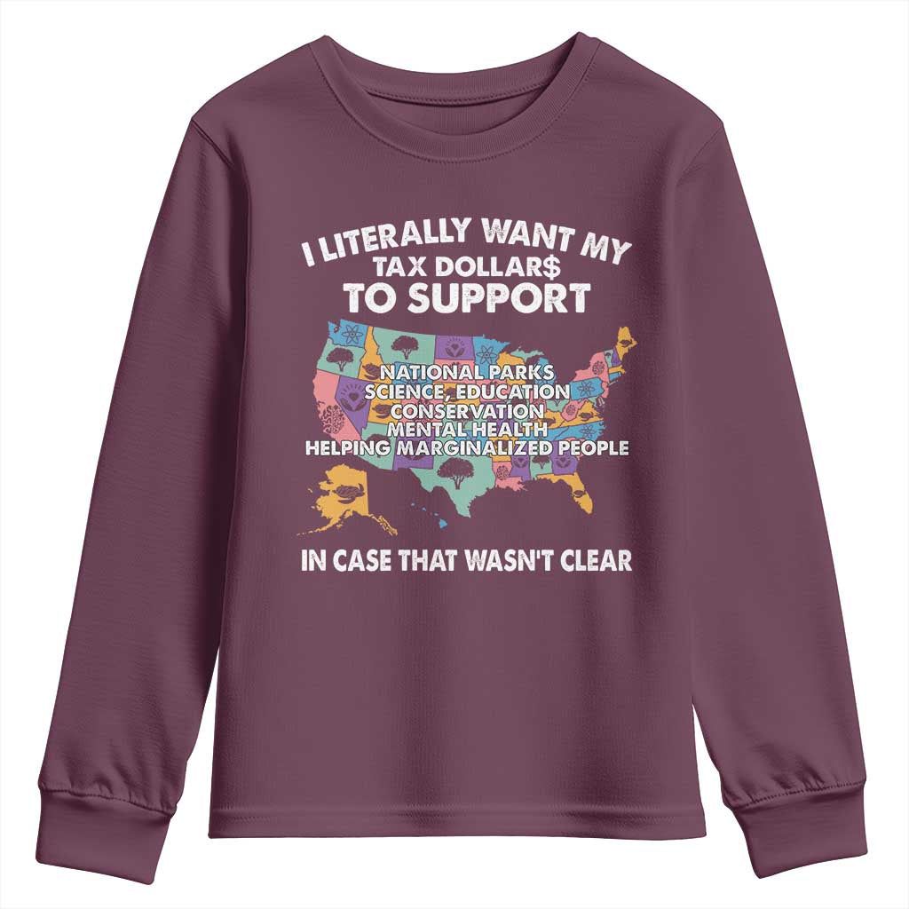 I Literally Want My Tax Dollars To Support National Parks Youth Sweatshirt In Case That Wasn't Clear Vintage American Map TS11 Maroon Print Your Wear