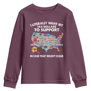 I Literally Want My Tax Dollars To Support National Parks Youth Sweatshirt In Case That Wasn't Clear Vintage American Map TS11 Maroon Print Your Wear