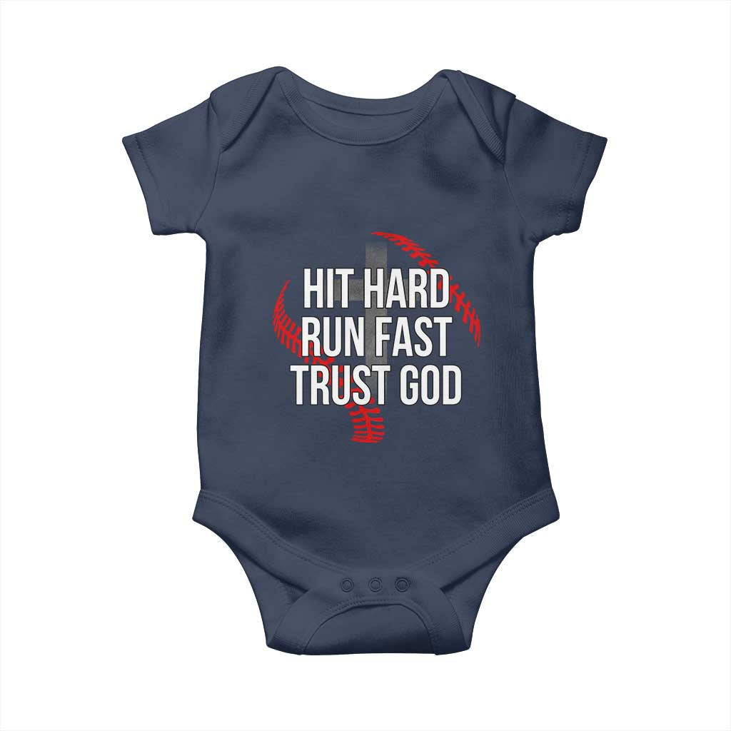 Hit Hard Run Fast Trust God Christian Baseball Baby Onesie TS11 Navy Print Your Wear