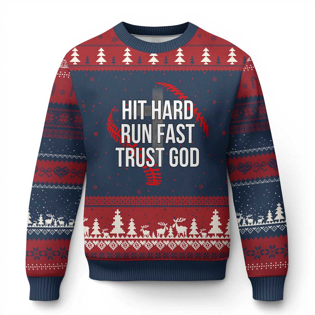 Hit Hard Run Fast Trust God Christian Baseball Ugly Christmas Sweater TS11 Navy Red Print Your Wear