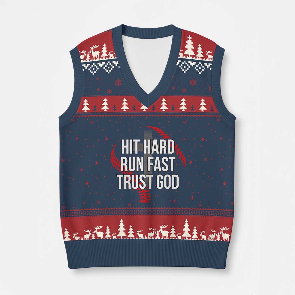 Hit Hard Run Fast Trust God Christian Baseball V-Neck Knit Sweater Vest TS11 Navy Red Print Your Wear