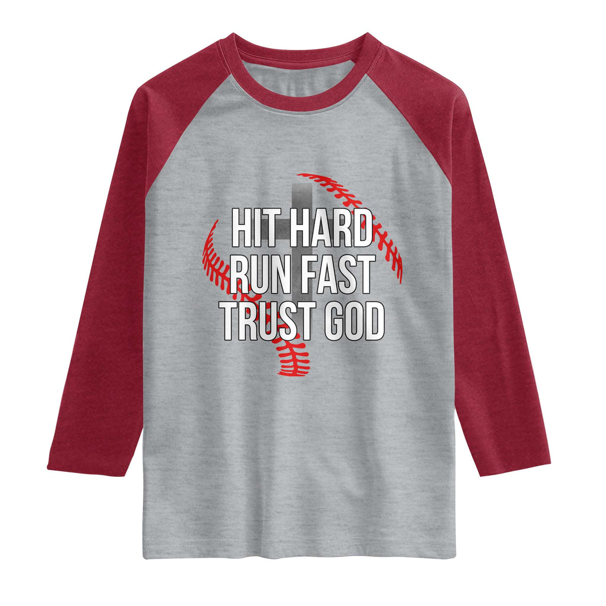 Hit Hard Run Fast Trust God Christian Baseball Raglan Shirt TS11 Heather Gray Heather Red Print Your Wear