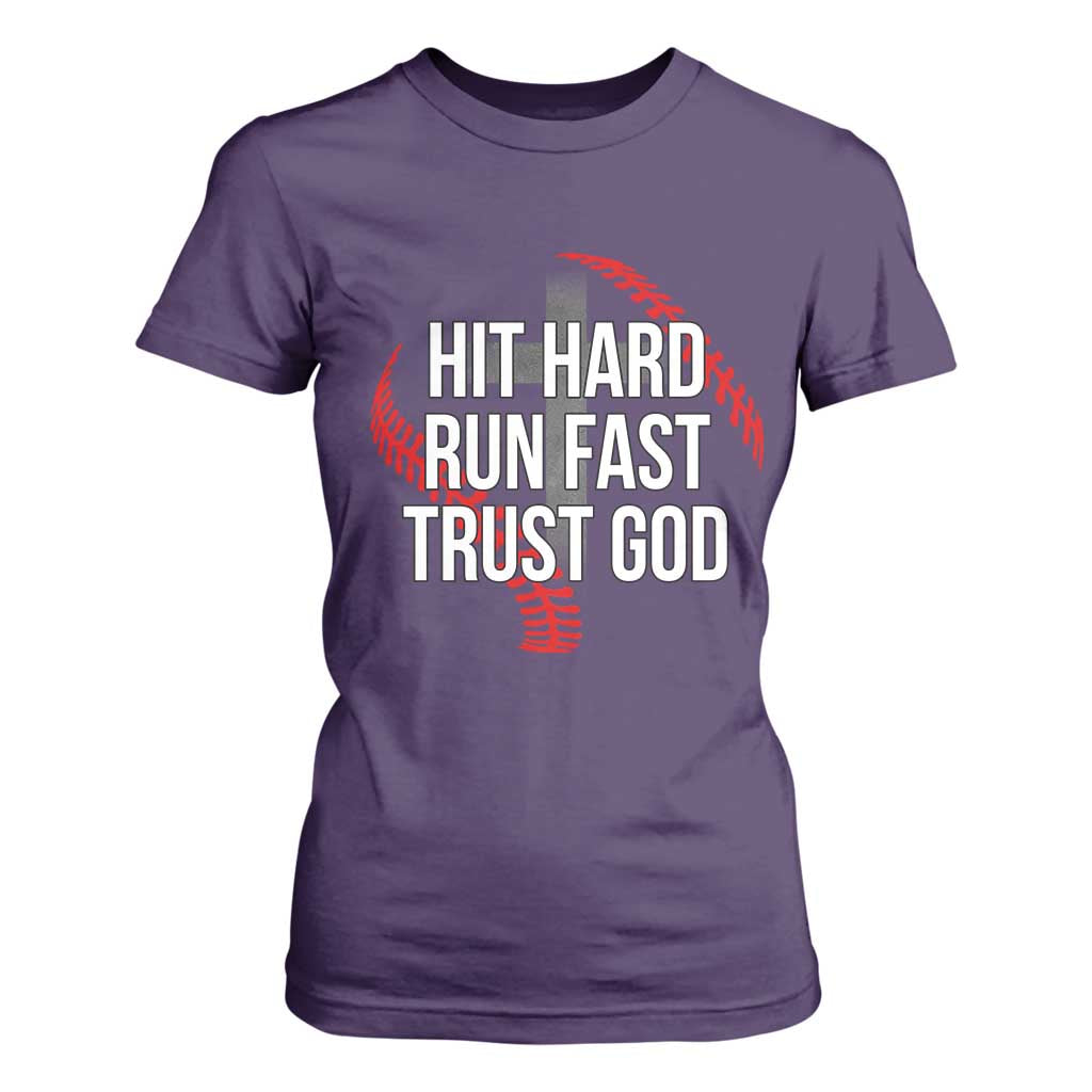 Hit Hard Run Fast Trust God Christian Baseball T Shirt For Women TS11 Purple Print Your Wear