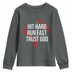 Hit Hard Run Fast Trust God Christian Baseball Youth Sweatshirt TS11 Dark Heather Print Your Wear