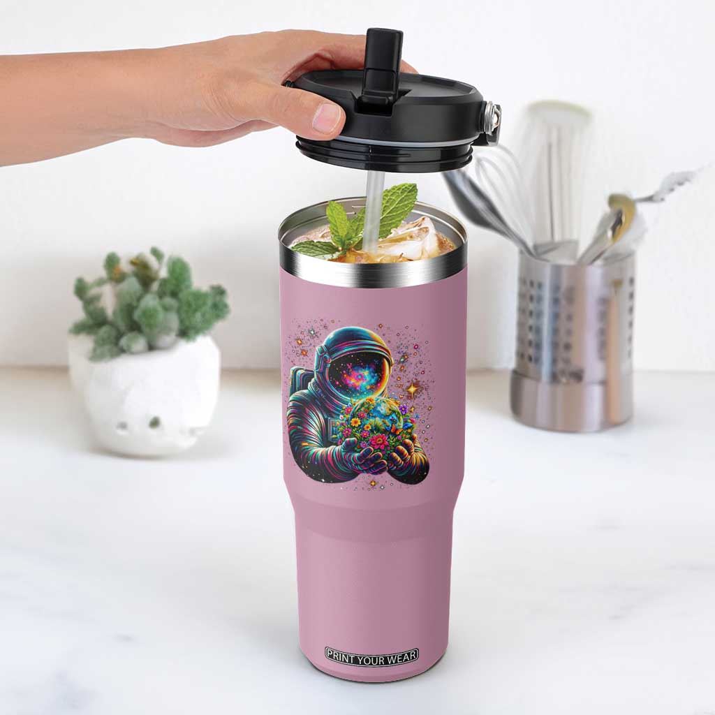 Astronaut Earth Flowers Spaceman Planet Galaxy Universe Flip Straw Tumbler TS11 One Size: 30 oz Light Pink Print Your Wear