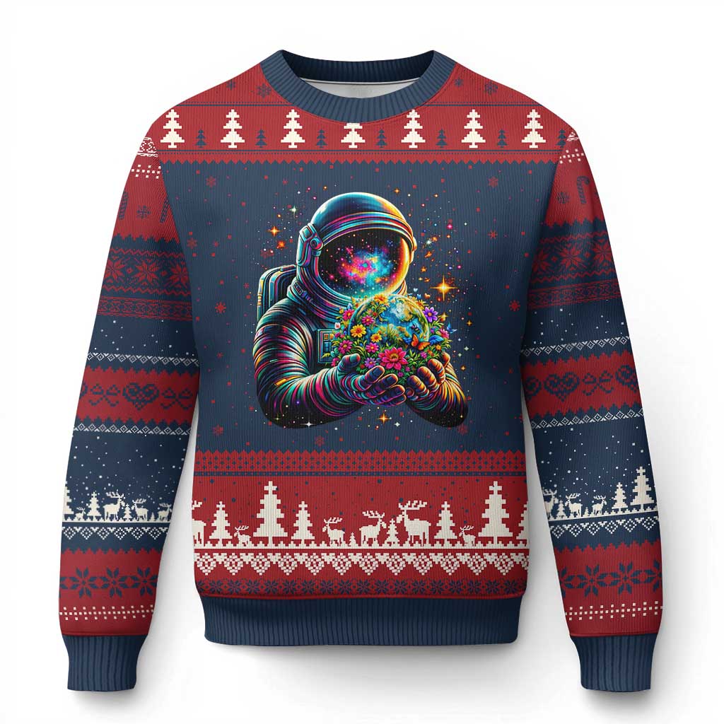 Astronaut Earth Flowers Spaceman Planet Galaxy Universe Ugly Christmas Sweater TS11 Navy Red Print Your Wear