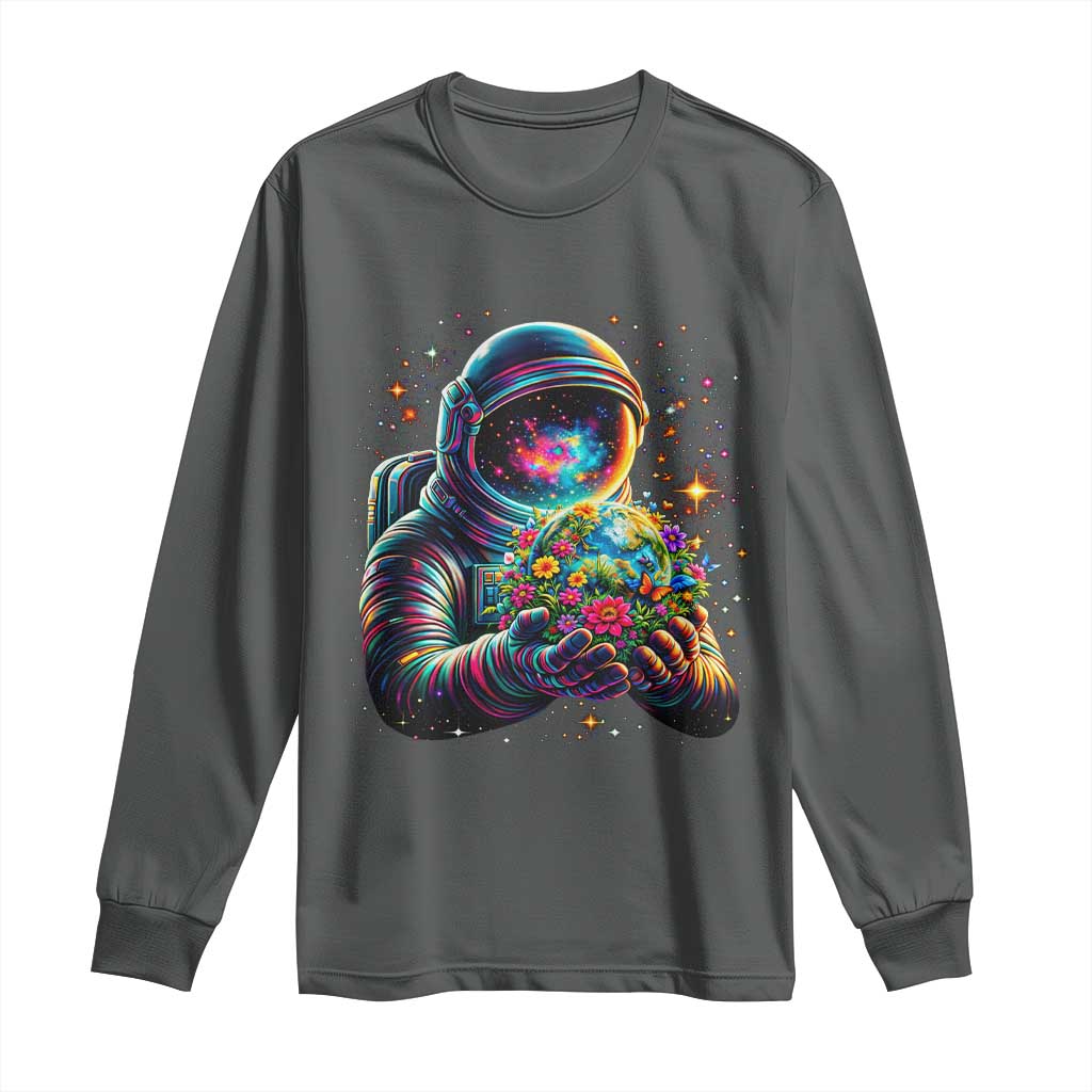 Astronaut Earth Flowers Spaceman Planet Galaxy Universe Long Sleeve Shirt TS11 Dark Heather Print Your Wear