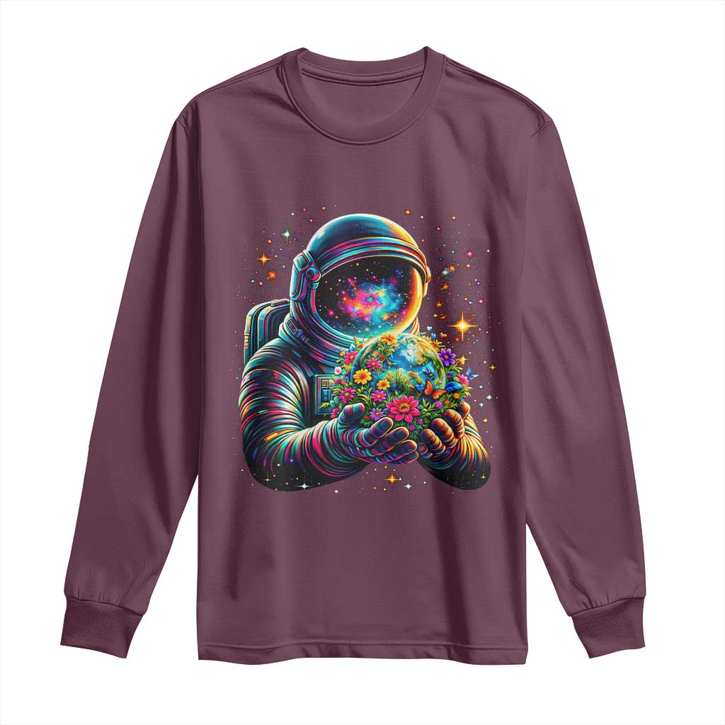 Astronaut Earth Flowers Spaceman Planet Galaxy Universe Long Sleeve Shirt TS11 Maroon Print Your Wear