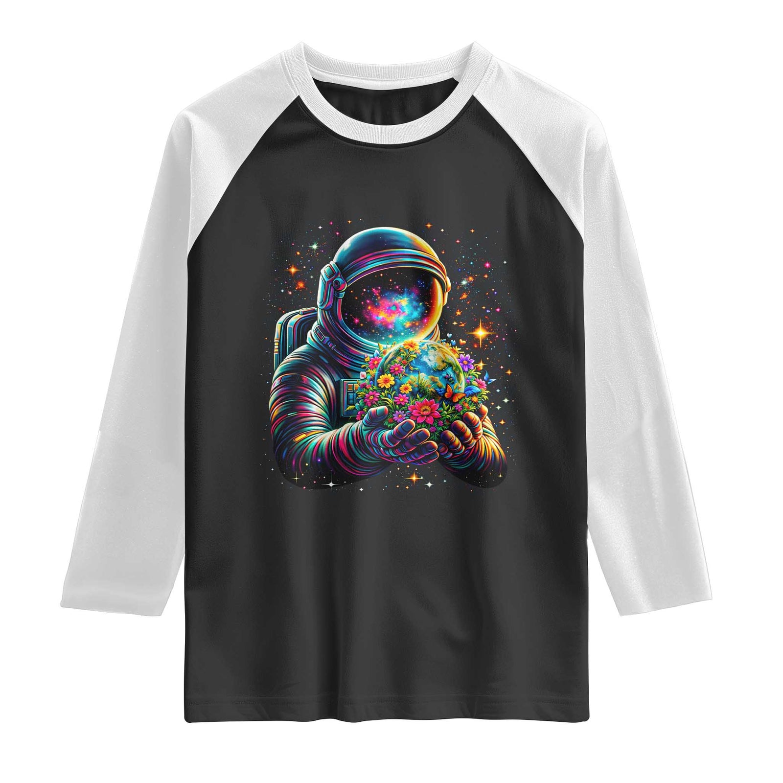 Astronaut Earth Flowers Spaceman Planet Galaxy Universe Raglan Shirt TS11 Black White Print Your Wear