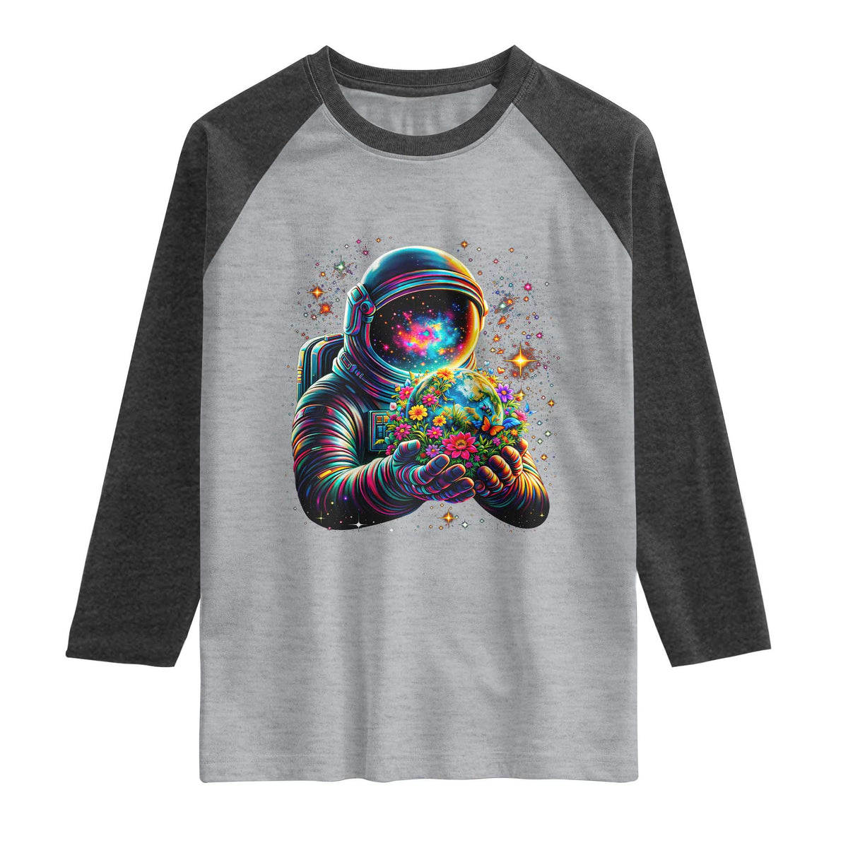 Astronaut Earth Flowers Spaceman Planet Galaxy Universe Raglan Shirt TS11 Heather Gray Heather Charcoal Print Your Wear