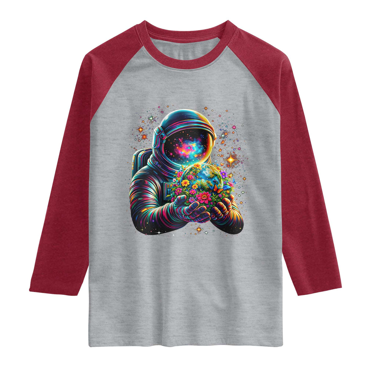 Astronaut Earth Flowers Spaceman Planet Galaxy Universe Raglan Shirt TS11 Heather Gray Heather Red Print Your Wear