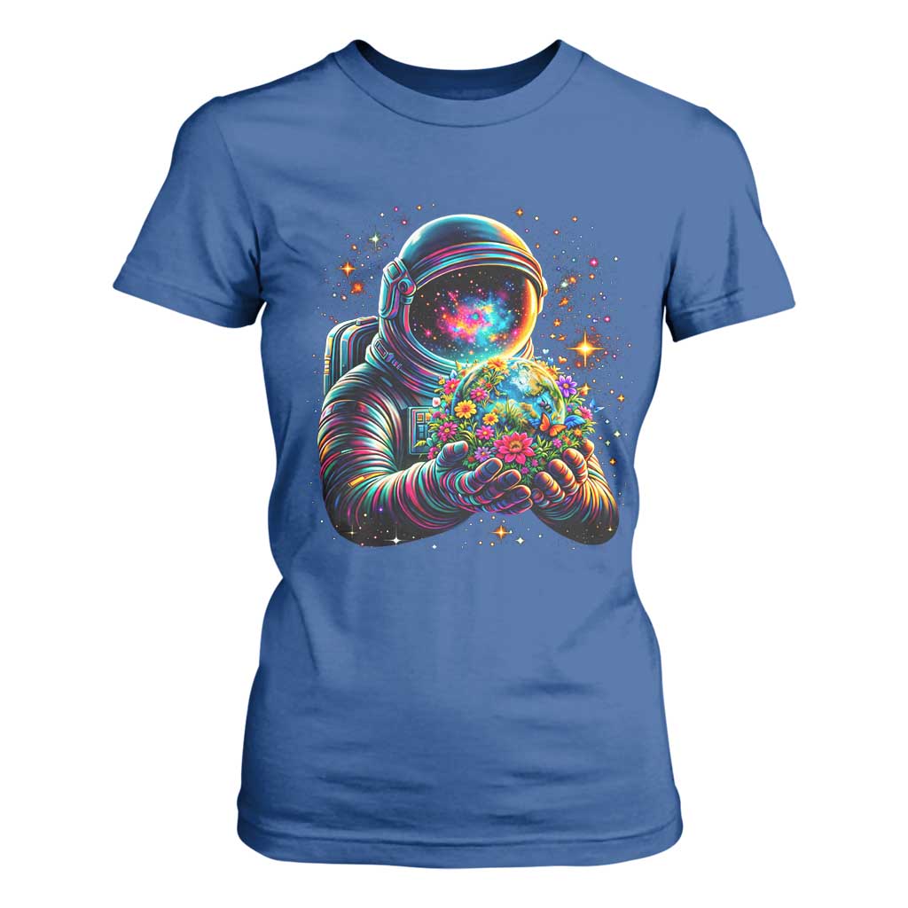 Astronaut Earth Flowers Spaceman Planet Galaxy Universe T Shirt For Women TS11 Royal Blue Print Your Wear
