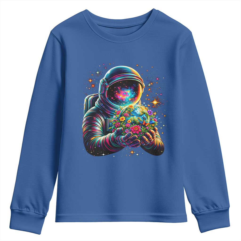 Astronaut Earth Flowers Spaceman Planet Galaxy Universe Youth Sweatshirt TS11 Royal Blue Print Your Wear