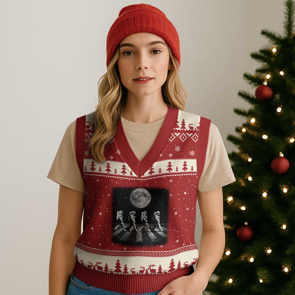 Astronauts Walking In Space Galaxy Moon Planet V-Neck Knit Sweater Vest TS11 Red Beige Print Your Wear