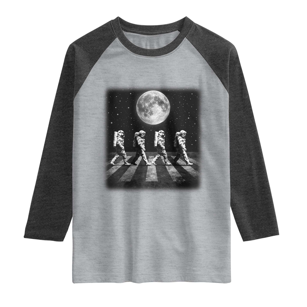 Astronauts Walking In Space Galaxy Moon Planet Raglan Shirt TS11 Heather Gray Heather Charcoal Print Your Wear