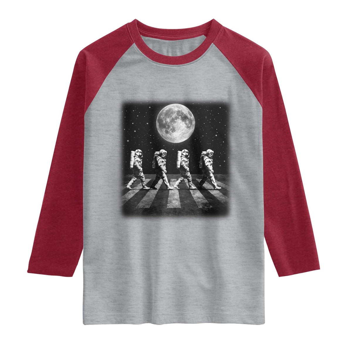 Astronauts Walking In Space Galaxy Moon Planet Raglan Shirt TS11 Heather Gray Heather Red Print Your Wear