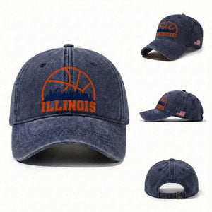 Illinois Fan Washed Cotton Baseball Cap IL State Basketball Game Day TS11 Washed Cap Universal Fit Navy Print Your Wear
