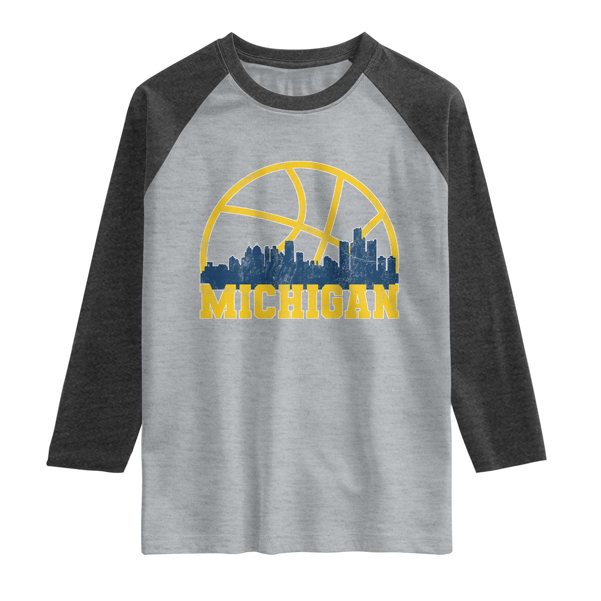 Michigan Fan Basketball Grooves Skyline MI State Raglan Shirt TS11 Heather Gray Heather Charcoal Print Your Wear