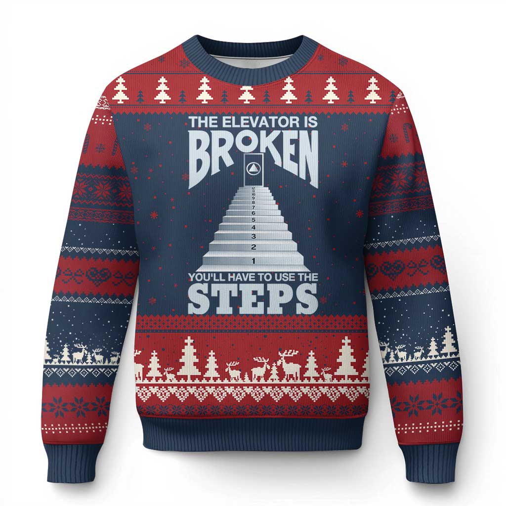 Sobriety Anniversary Sober Ugly Christmas Sweater The Elevator is Broken You Will Have To Use The Steps TS11 Navy Red Print Your Wear